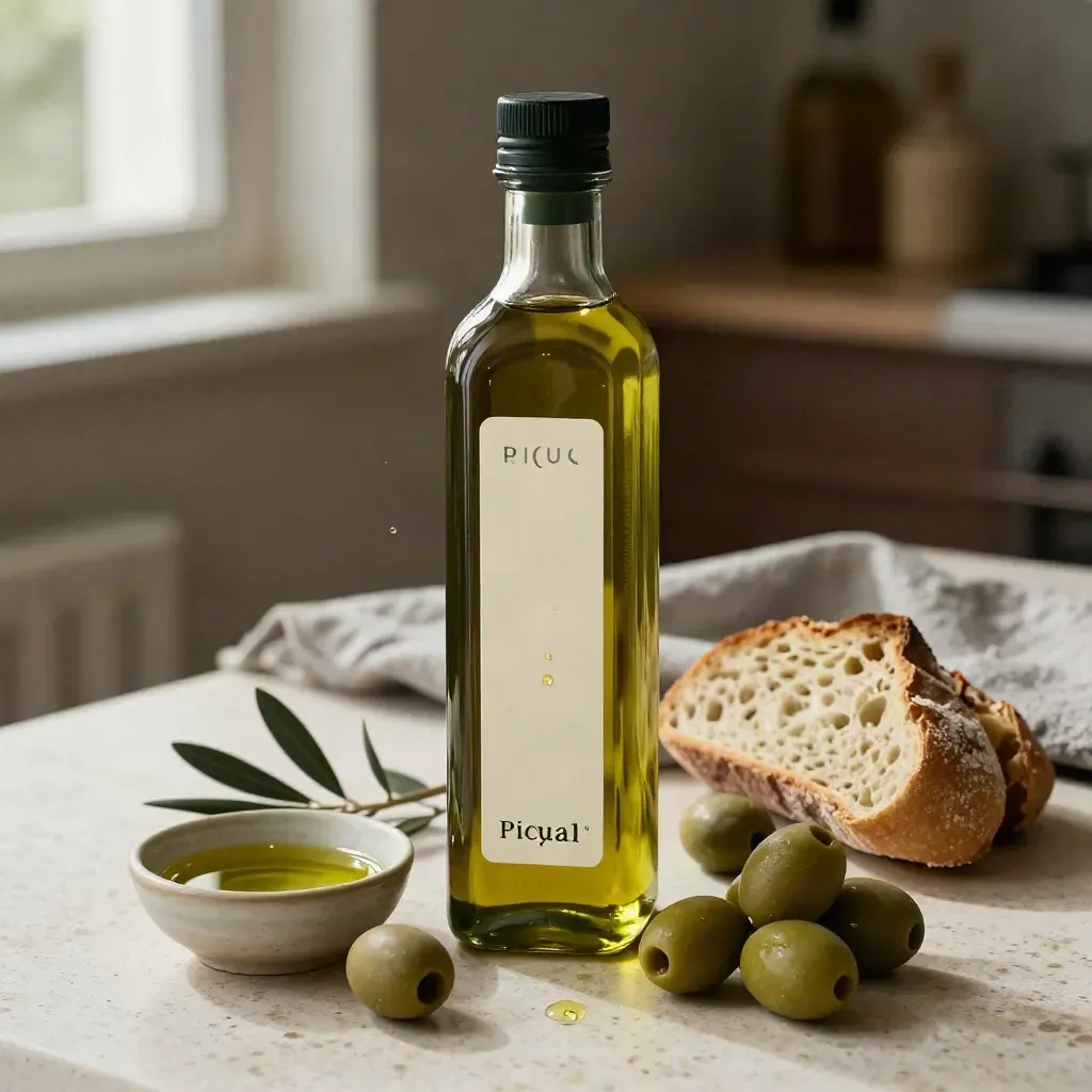 Botella de aceite de oliva con aceitunas, pan rústico y cuenco sobre piedra clara.