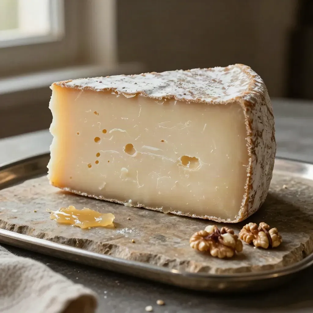 Cuña de queso manchego curado con membrillo y nueces sobre piedra clara, en luz suave.