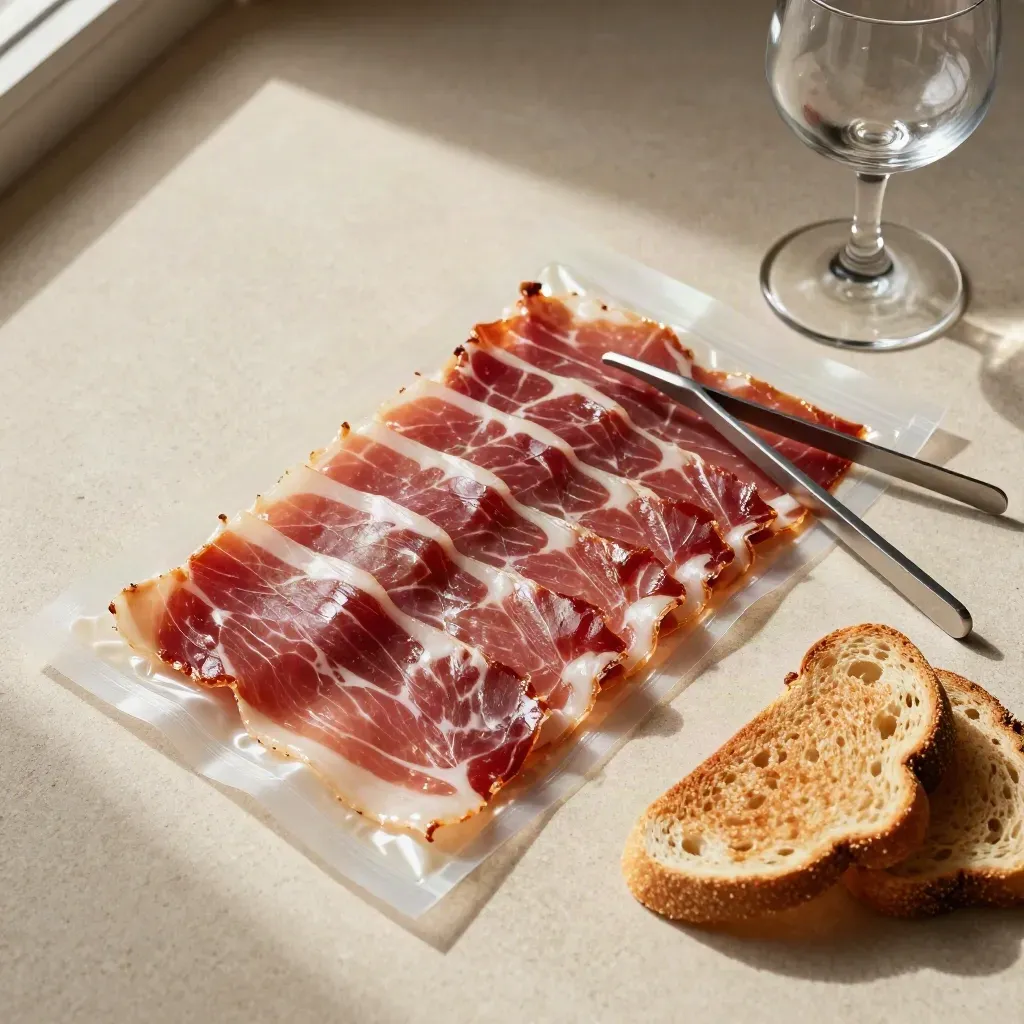 Jamón ibérico loncheado en sobre abierto con pinzas, tostadas y copa sobre piedra clara.