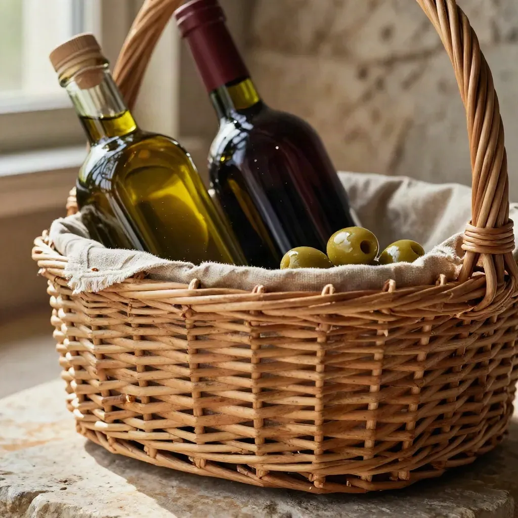 Cesta de mimbre con aceite, vino y aceitunas sobre lino arrugado y piedra cálida.