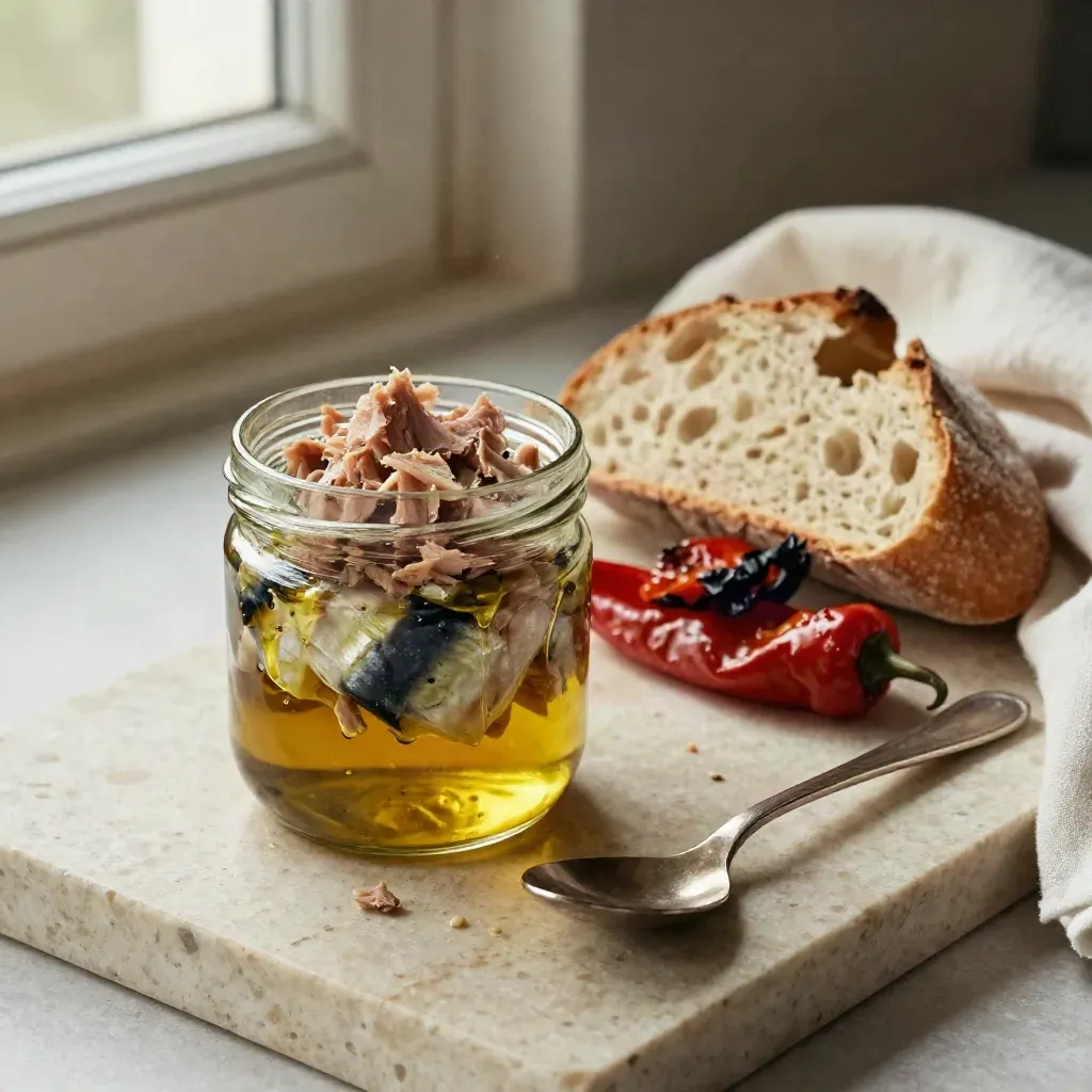 Tarro abierto de ventresca de bonito con aceite, pimientos asados y pan crujiente sobre travertino.