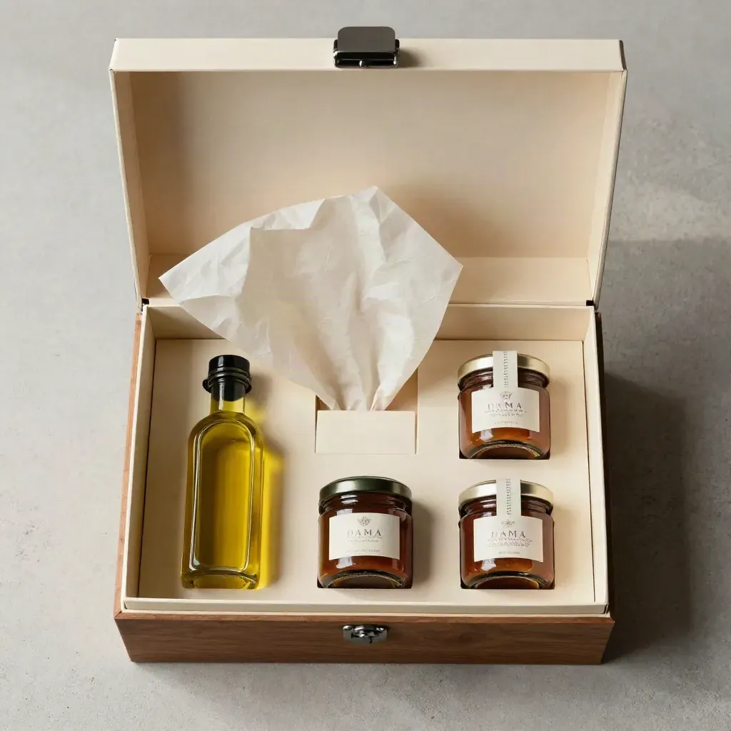 Canasta de regalo gourmet abierta con botella pequeña y tarros, vista cenital sobre piedra clara.