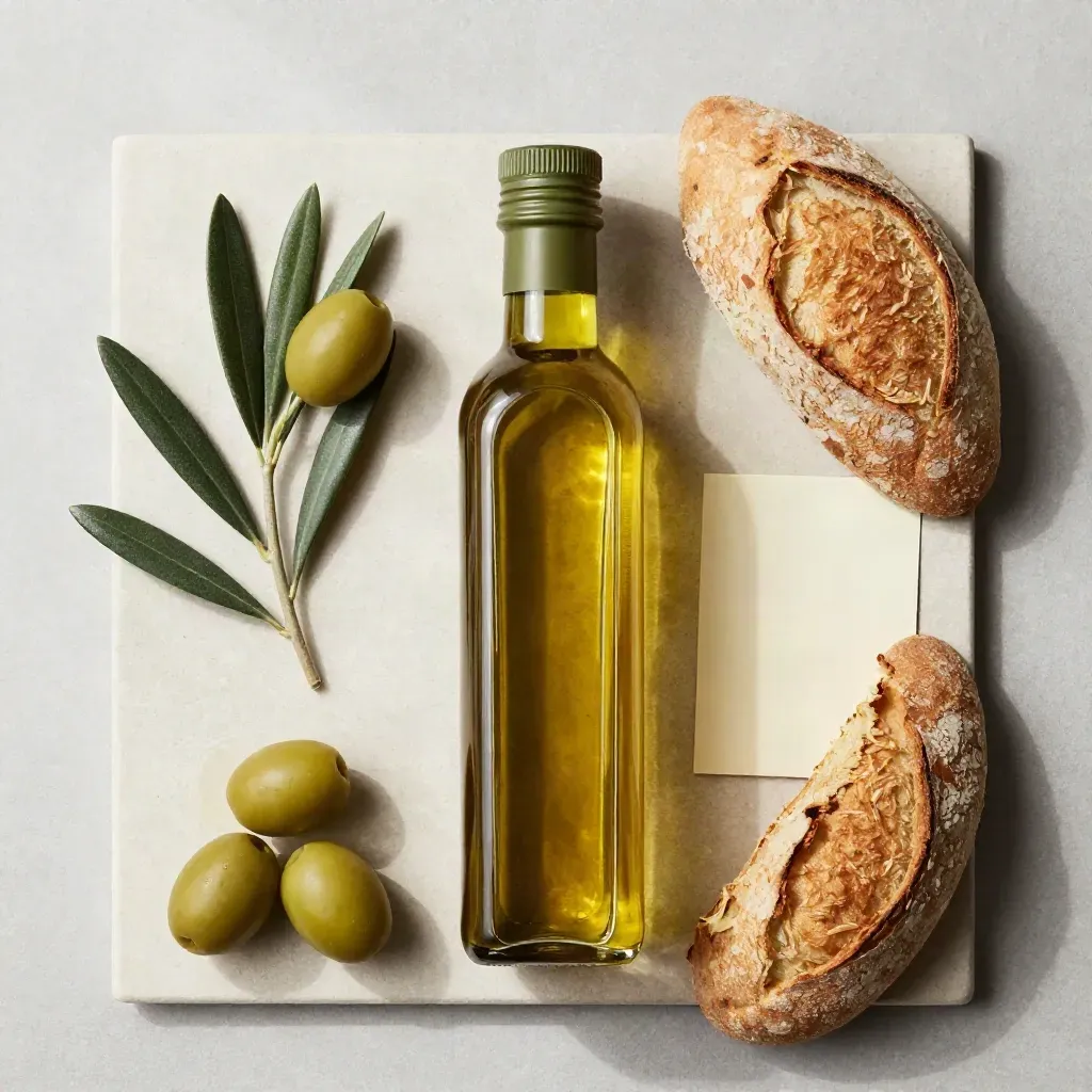 Vista cenital de una botella genérica de aceite arbequina con aceitunas, hoja de olivo y pan.