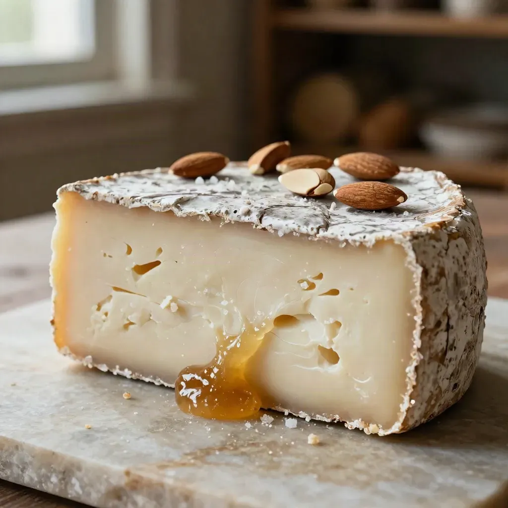 Cuña de queso de oveja curado con membrillo y almendras sobre piedra clara.
