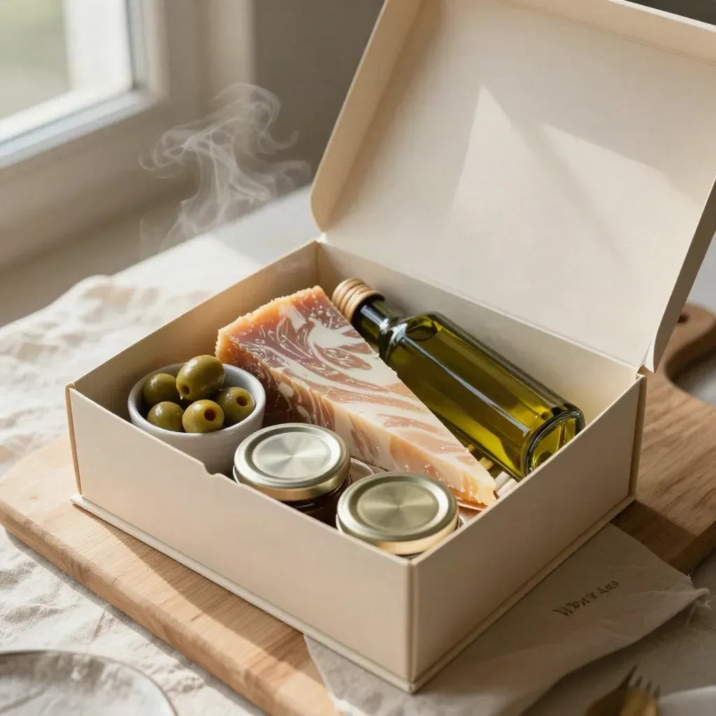 Caja regalo de desayuno salado abierta con queso, aceitunas, aceite y conservas sobre tabla clara.