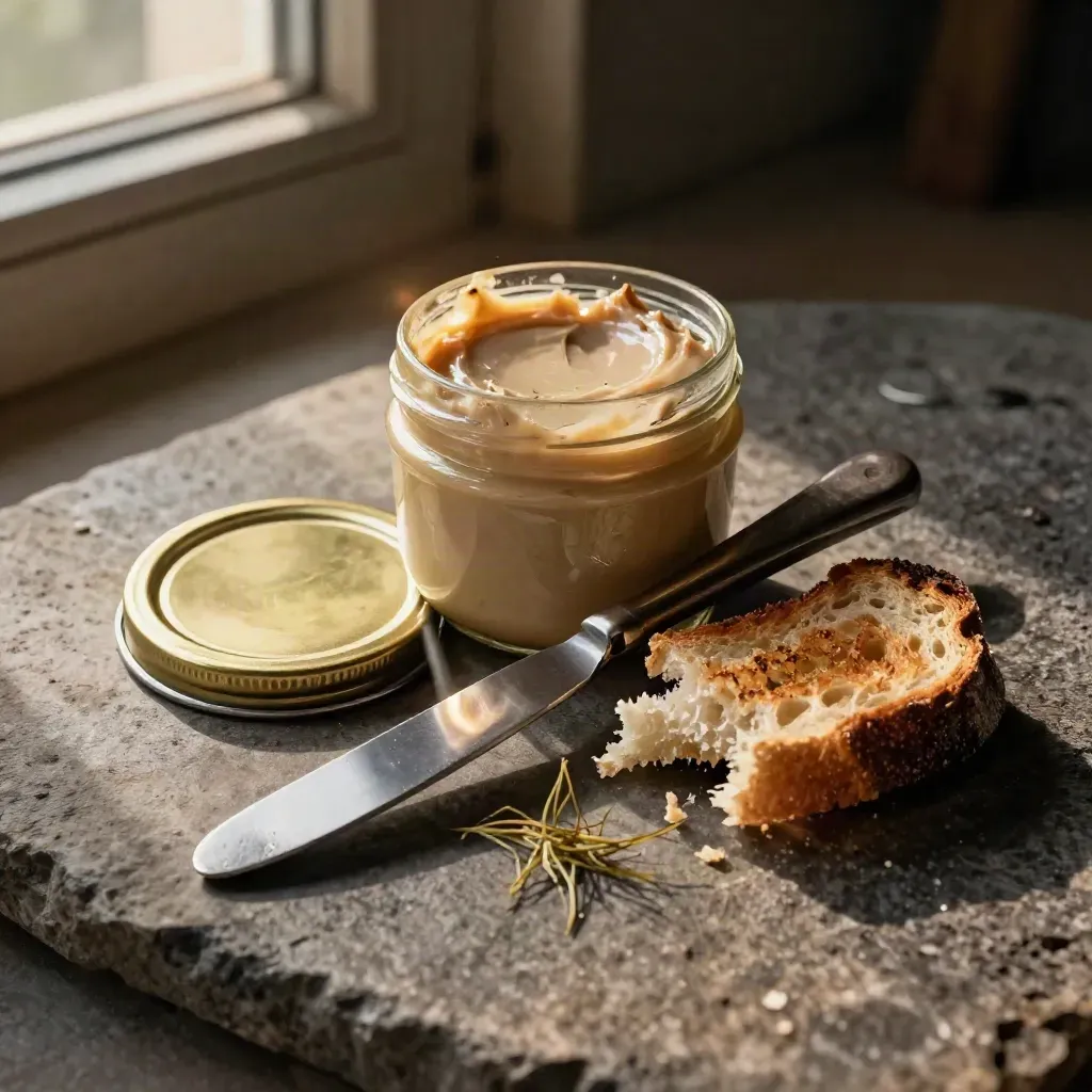 Tarro bajo de paté con cuchillo pequeño, pan tostado y hinojo seco, en macro cálido.