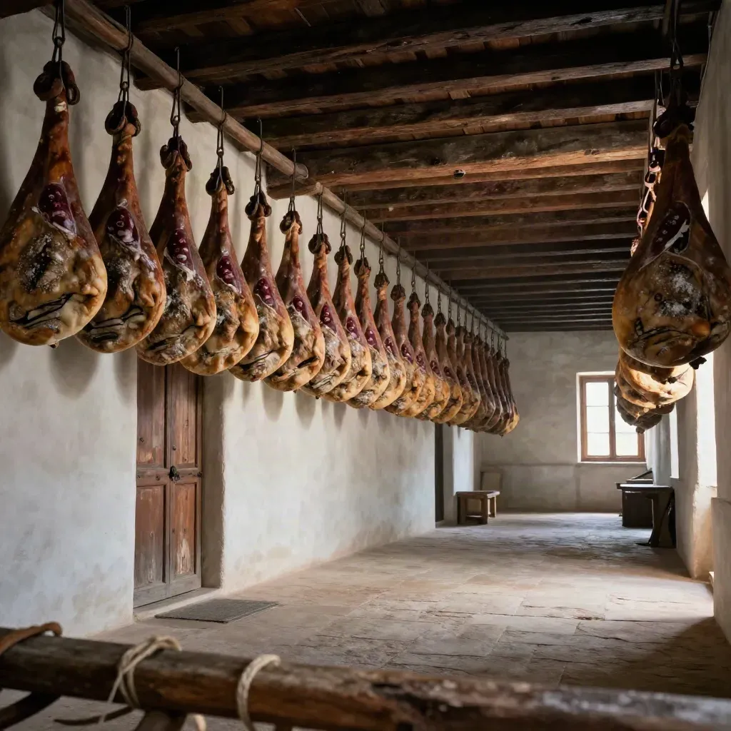 Pasillo de bodega con jamones ibéricos colgando, luz suave y suelo de piedra vacío.